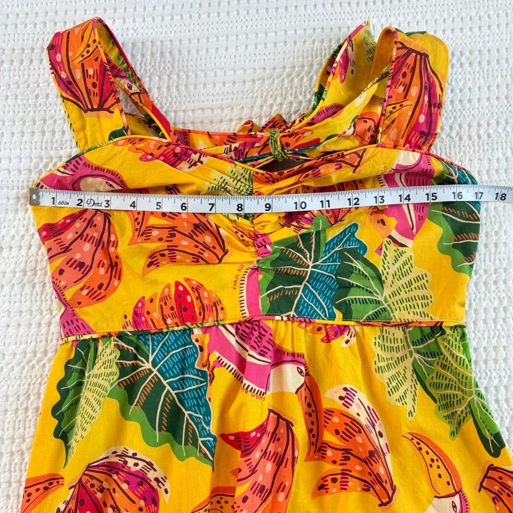 Farm Rio Yellow Tropical Toucan Banana Print Tiered Tie Back Maxi Dress Cotton